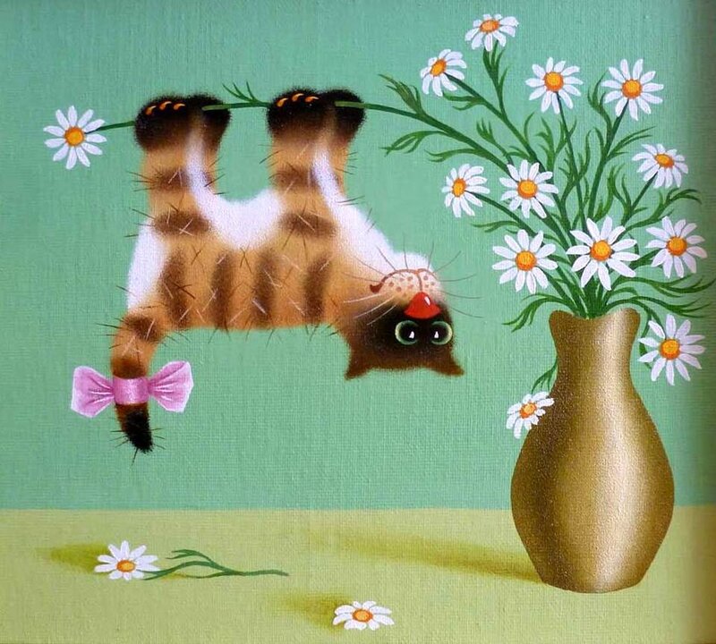 Inverted Cat with Daisies
