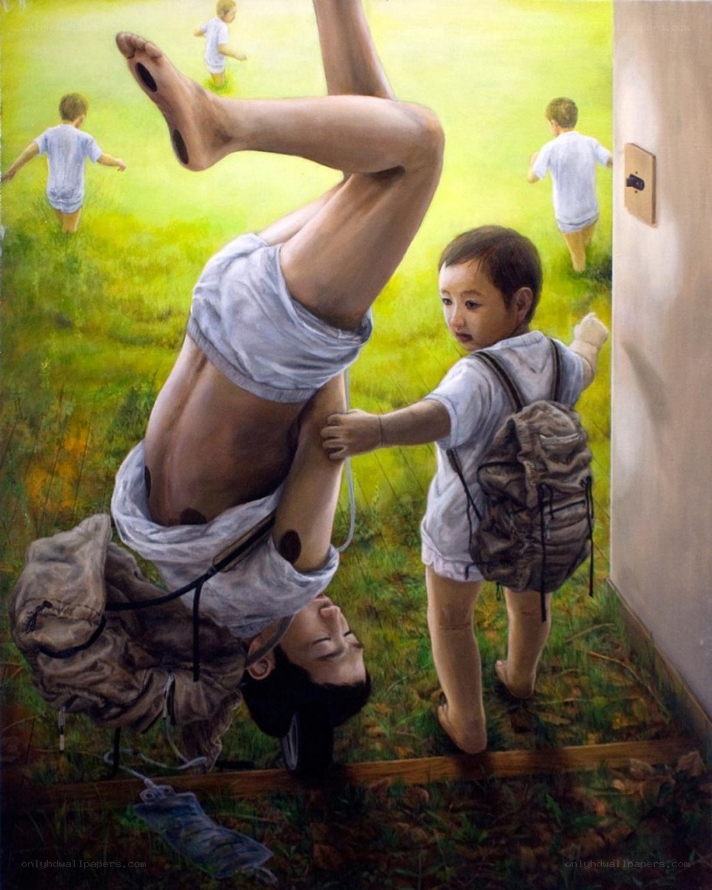 Inverted child in a surreal scene