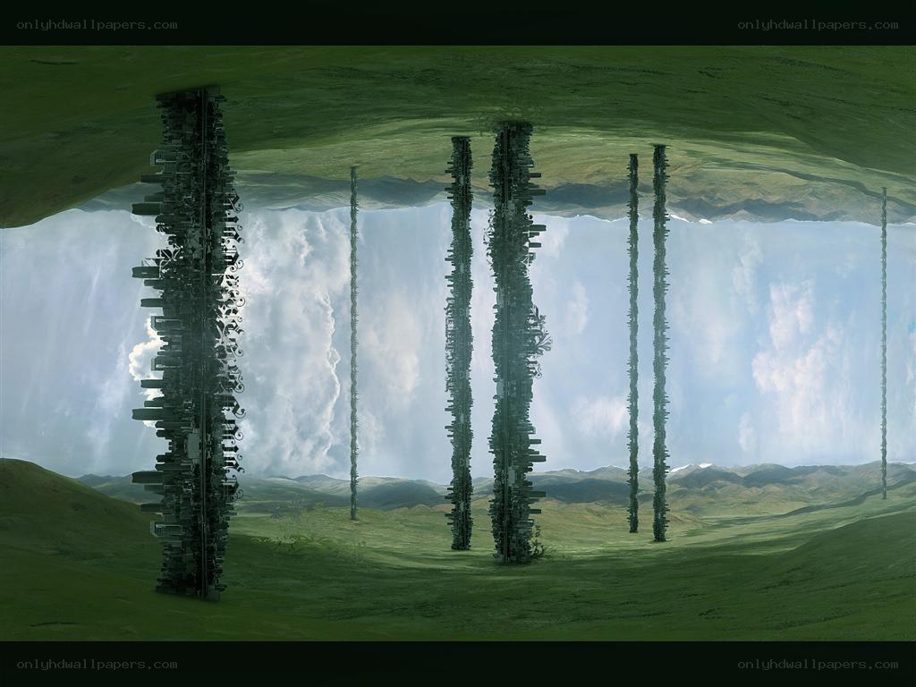 Inverted city pillars in green landscape