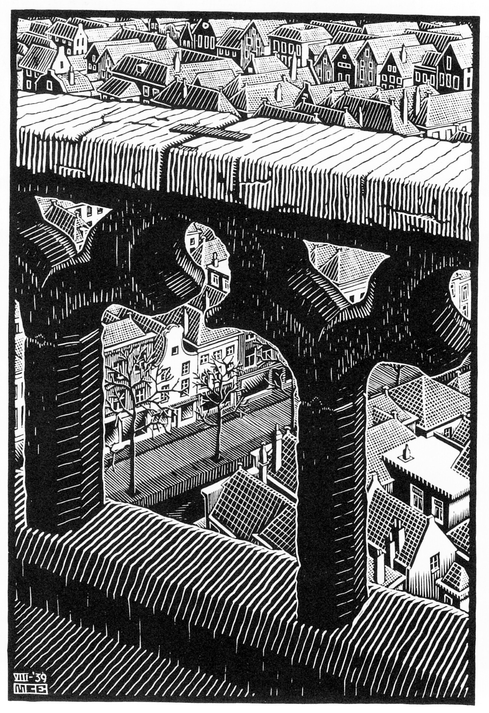 Inverted cityscape woodcut