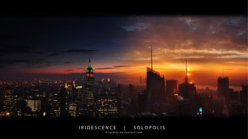 Iridescent cityscape at sunset