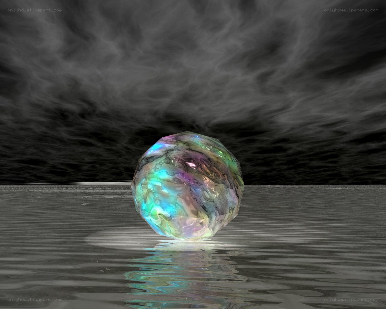 iridescent sphere on water