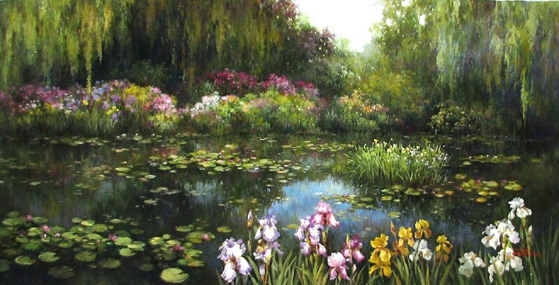 Iris Flowers by Pond — Green, Serene