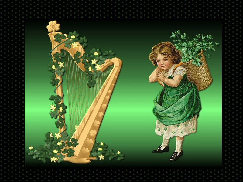 Irish harp and child with shamrocks