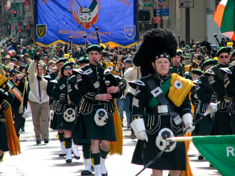 Irish parade with bagpipers