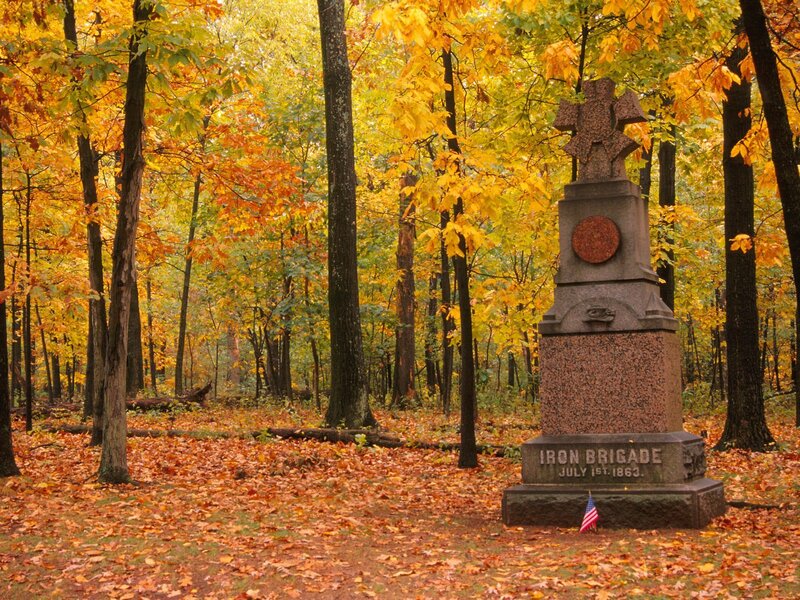 Iron Brigade monument in autumn forest