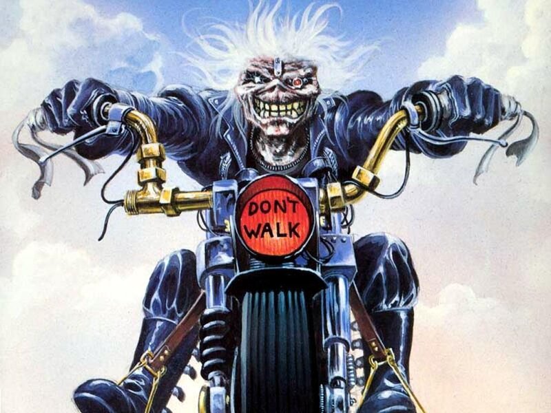 Iron Maiden mascot on a motorcycle