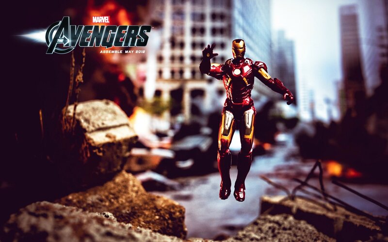 Iron Man Action Figure — Red, Dramatic, Photograph, Action Figure, Cityscape