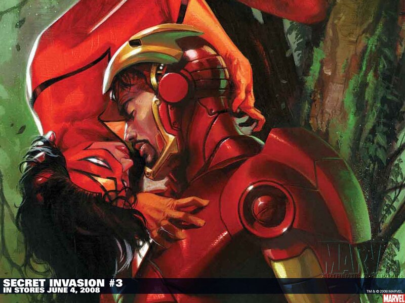 Iron Man and a woman embrace