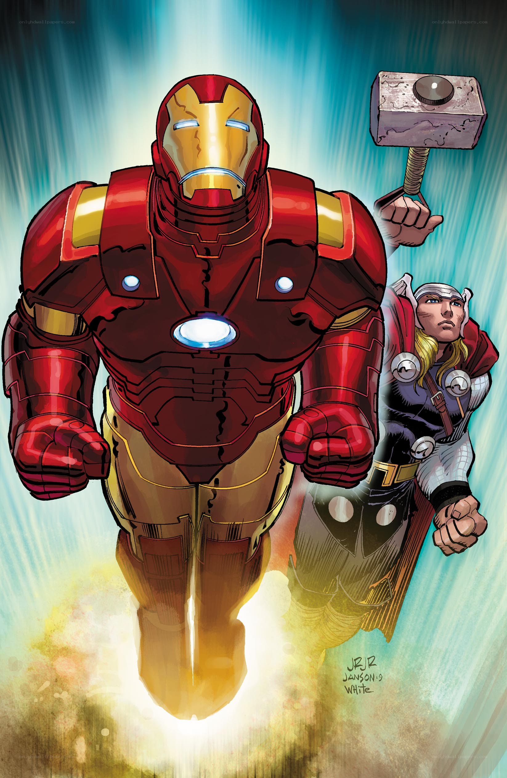 Iron Man and Thor in flight