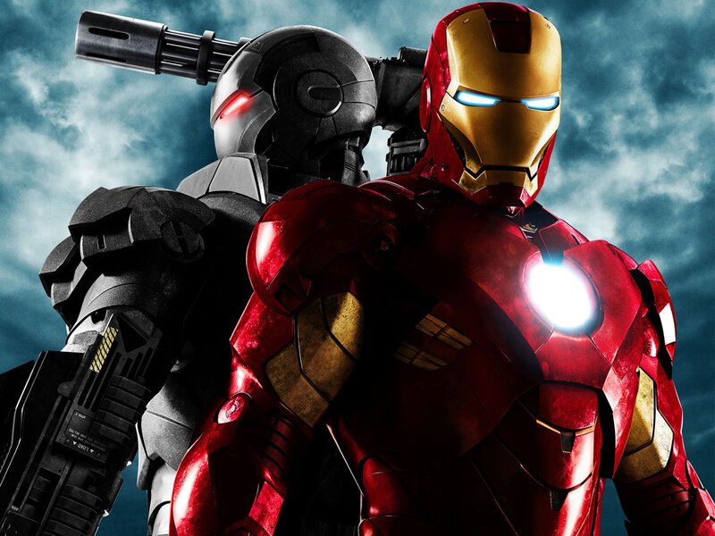 Iron Man and War Machine — Red, Dramatic, Digital Art, Armor, Weapons, Clouds, Gold, Black