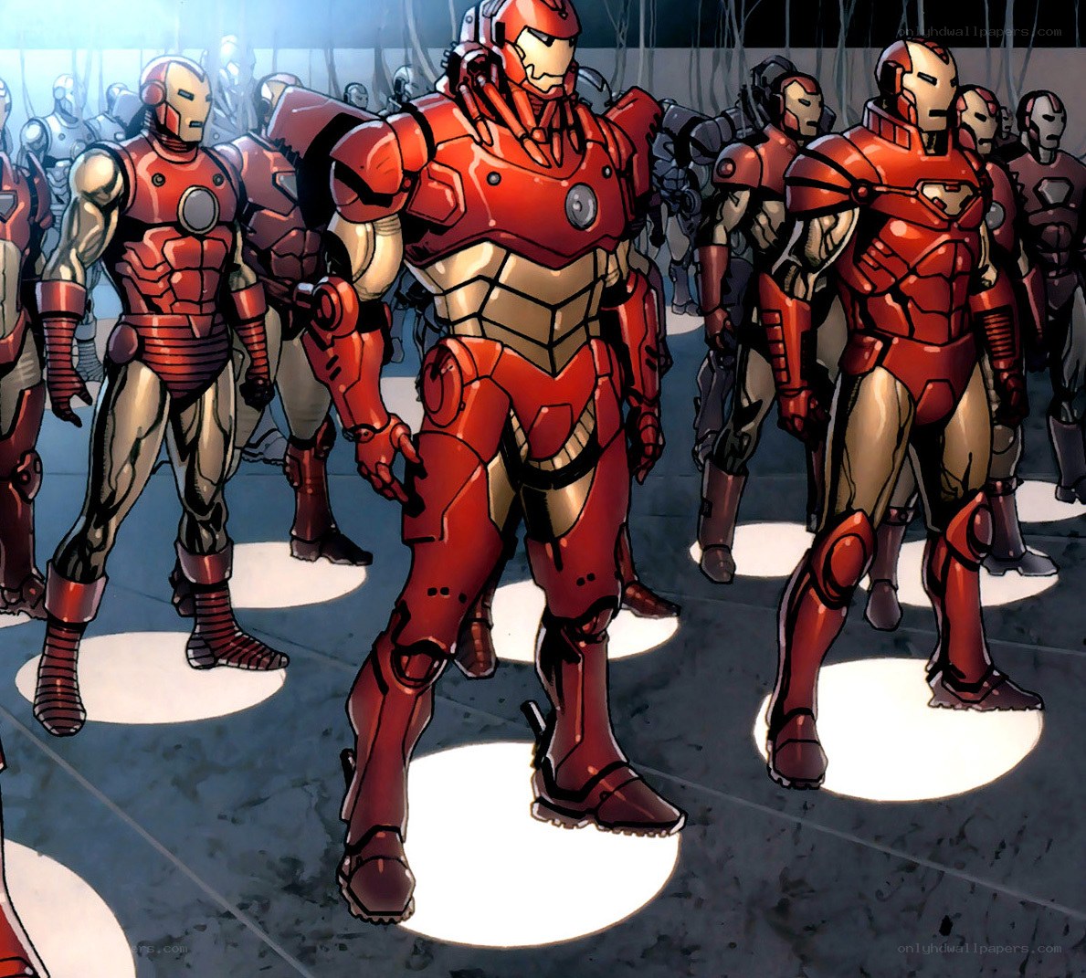 Iron Man armors in a line