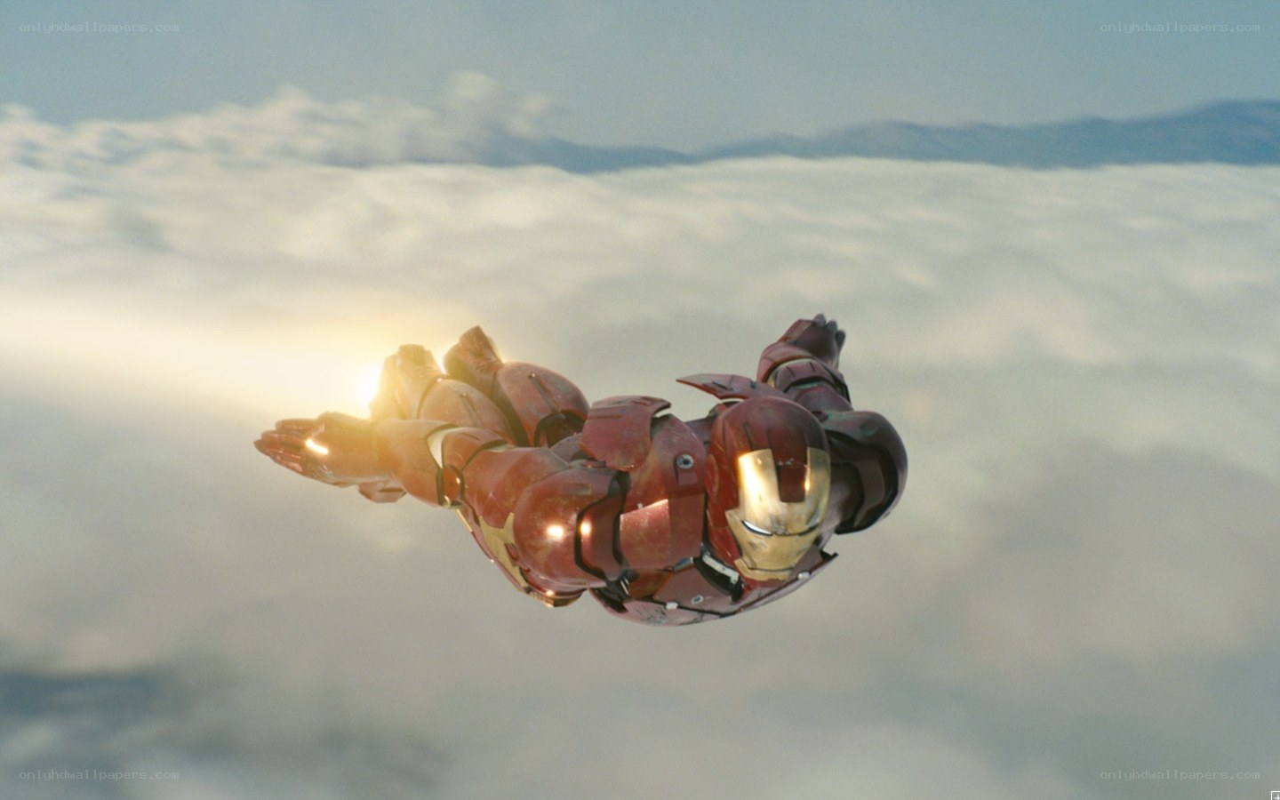 Iron Man flying above clouds