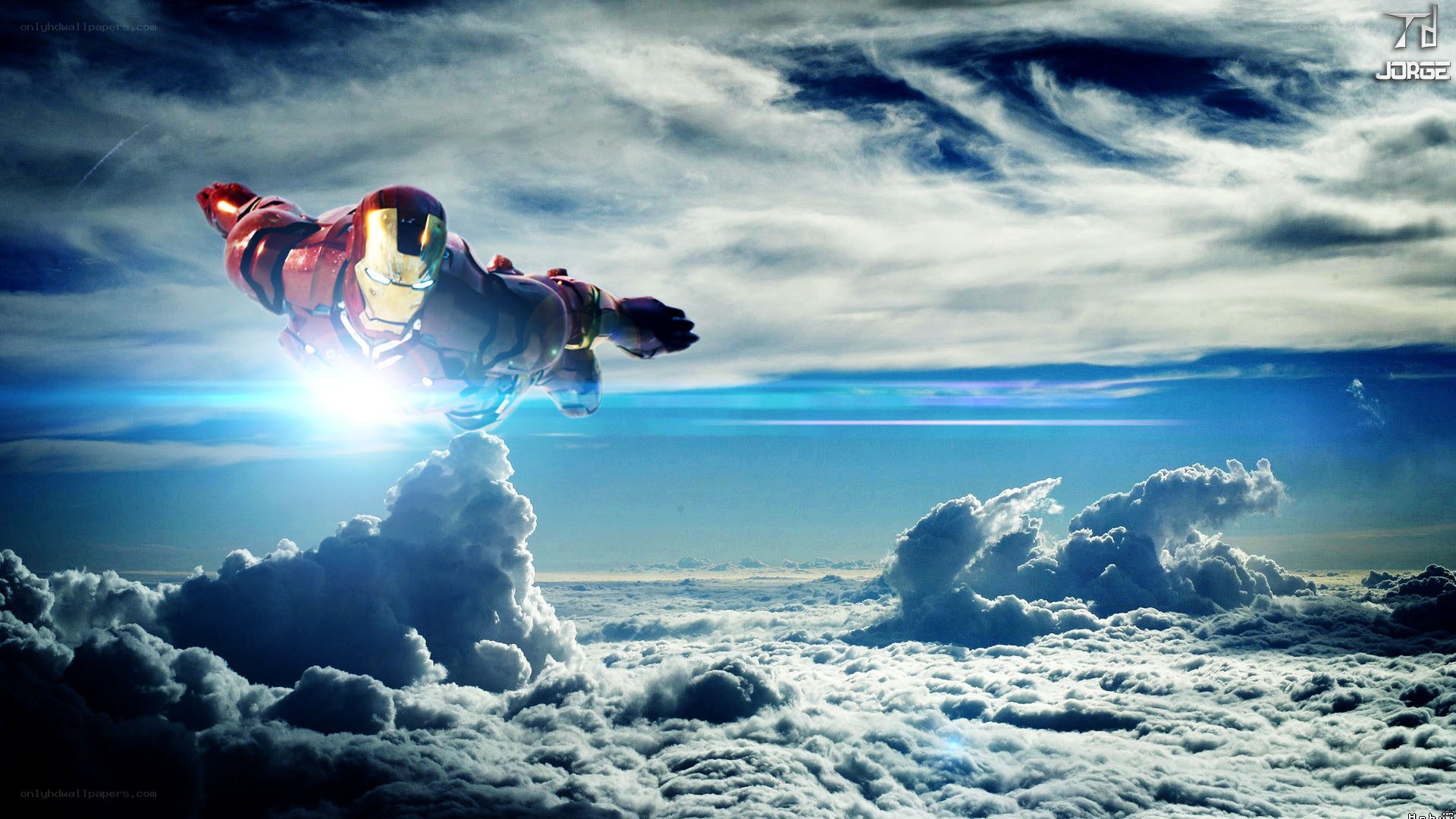 Iron Man flying above clouds