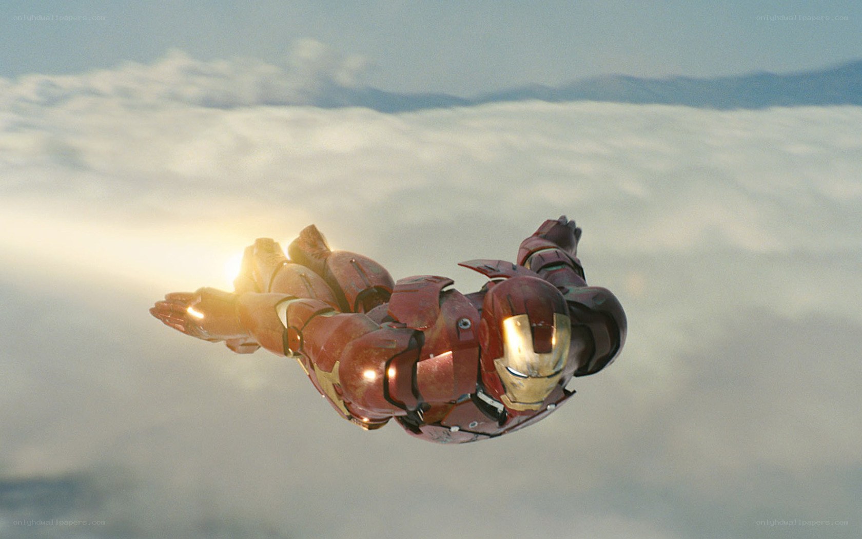 Iron Man flying above clouds