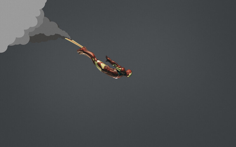 Iron Man Flying — Gray, Dramatic, Digital Art
