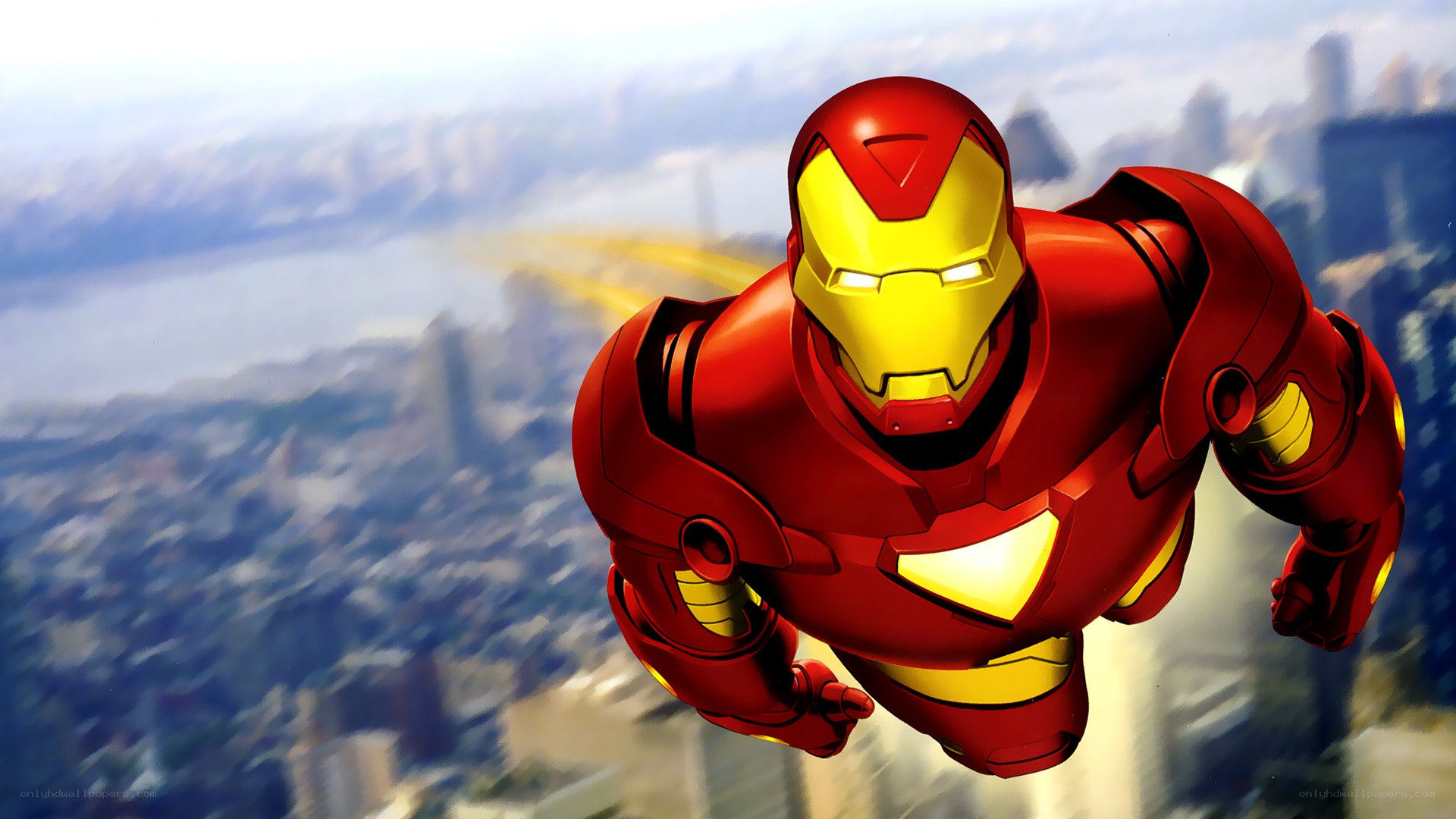 Iron Man flying over city