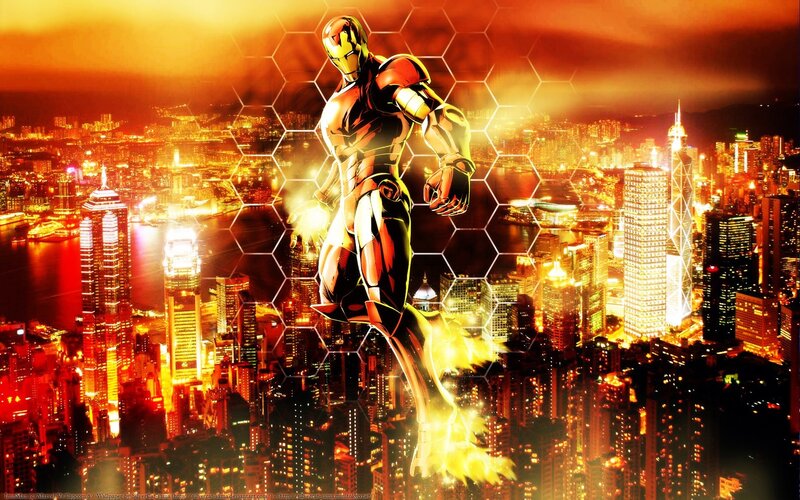 Iron Man Flying over City — Red, Dramatic, Night, Digital Art