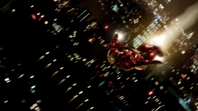 Iron Man flying over city