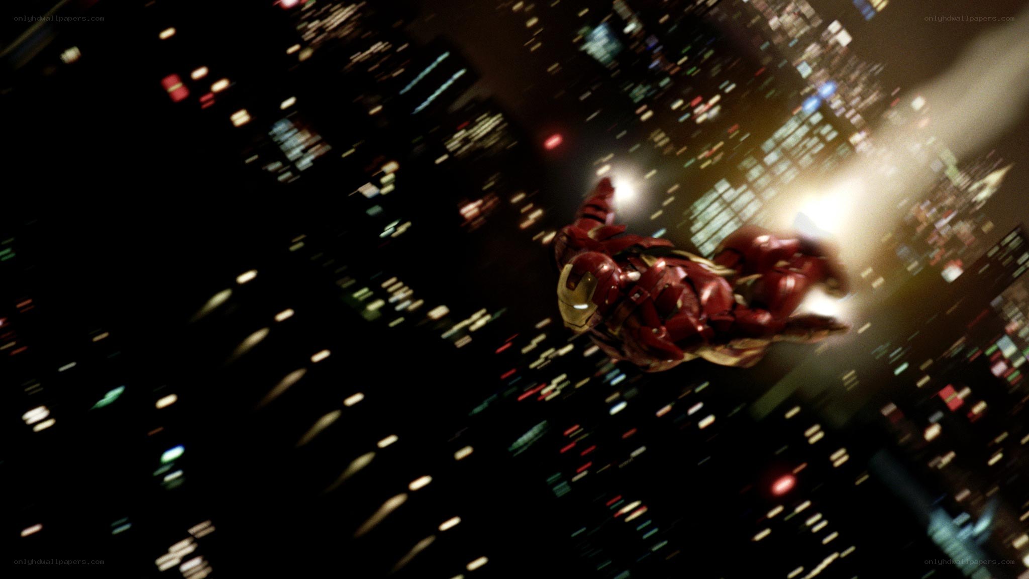 Iron Man flying over city