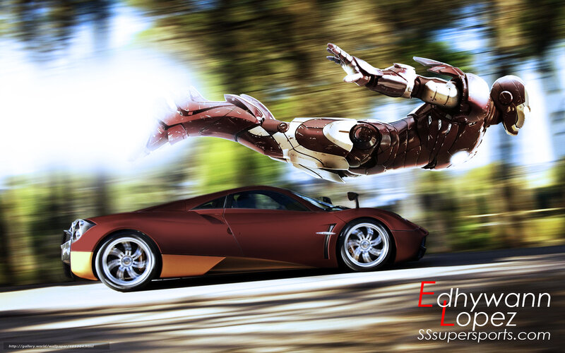 Iron Man flying over sports car