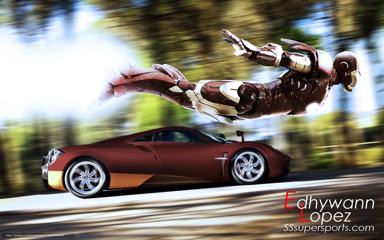 Iron Man flying over sports car