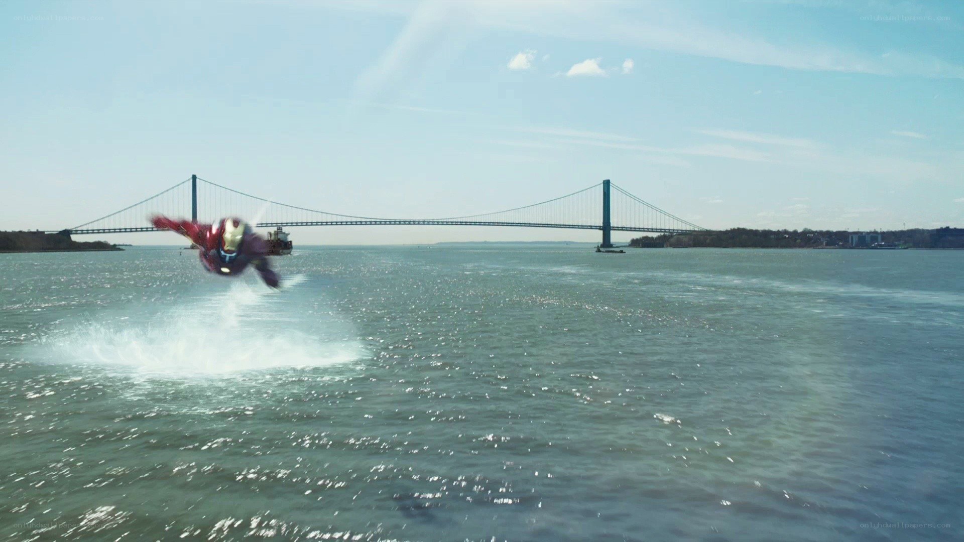 Iron Man flying over water