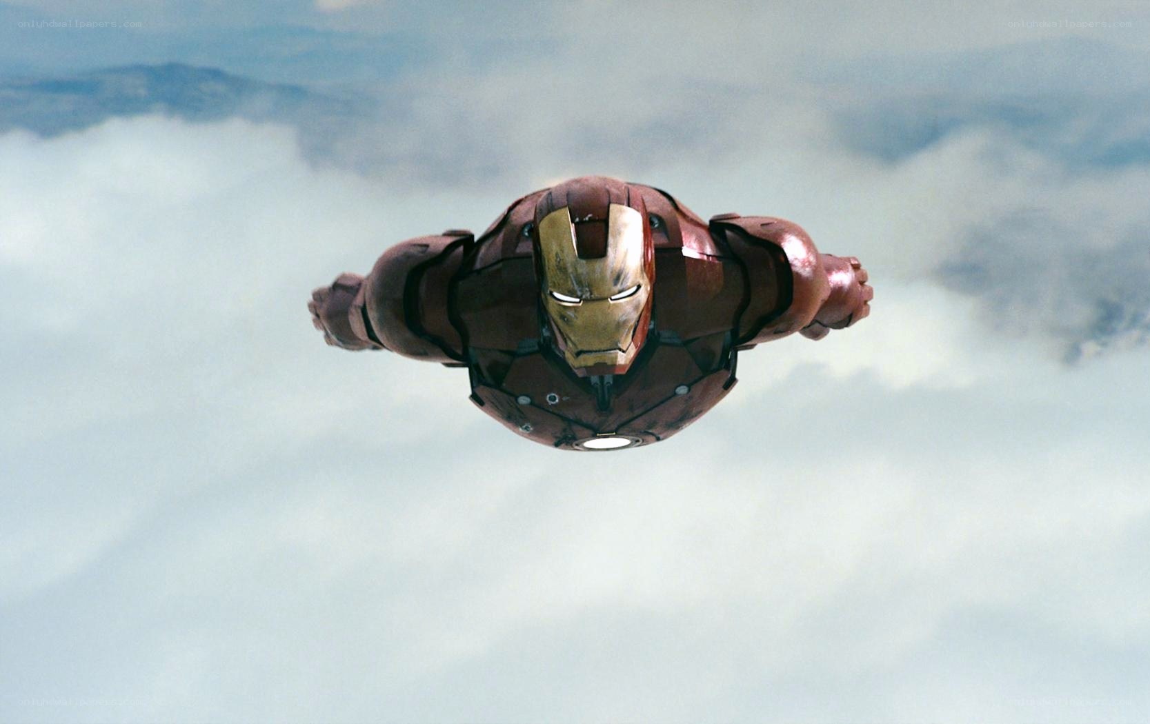 Iron Man flying through clouds