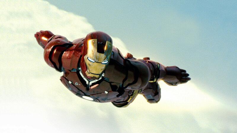 Iron Man flying through clouds