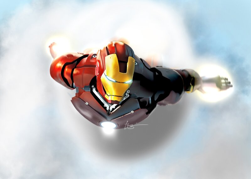 Iron Man flying through clouds