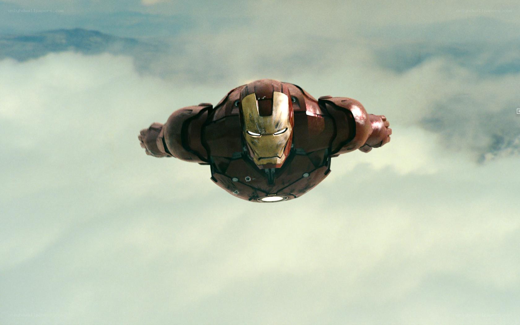 Iron Man flying through clouds