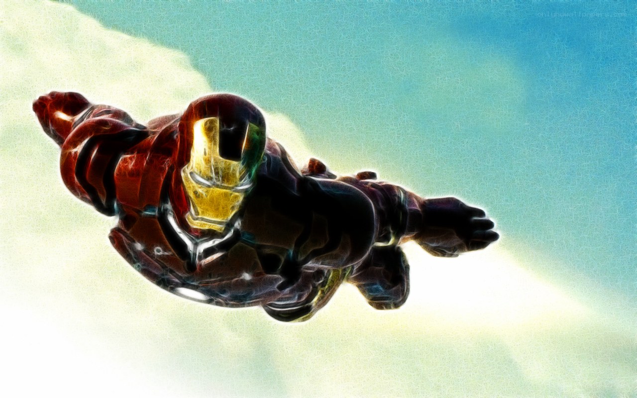 Iron Man flying through sky