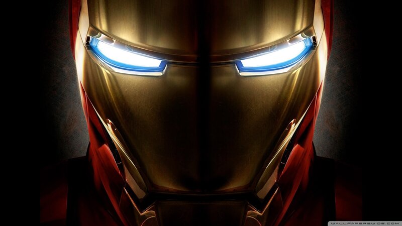 Iron Man Helmet — Gold, Dramatic, Digital Art, Eyes, Light, Red, Blue