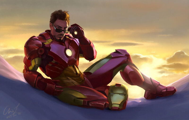 Iron Man in Armor — Red, Dramatic, Sunset, Digital Art