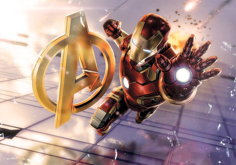 Iron Man in Flight — Red, Dramatic, Digital Art, Avengers Logo