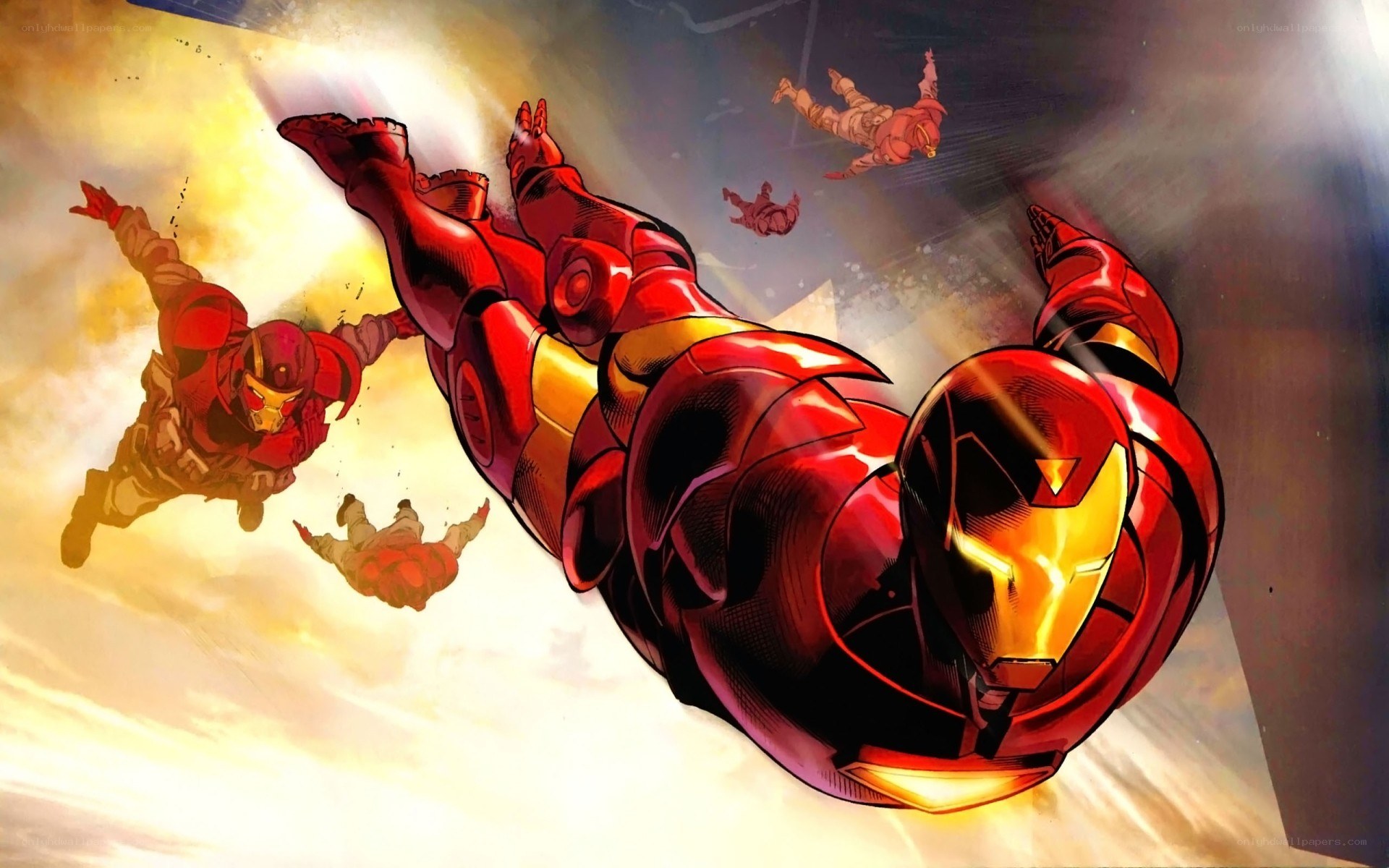 Iron Man in flight with allies