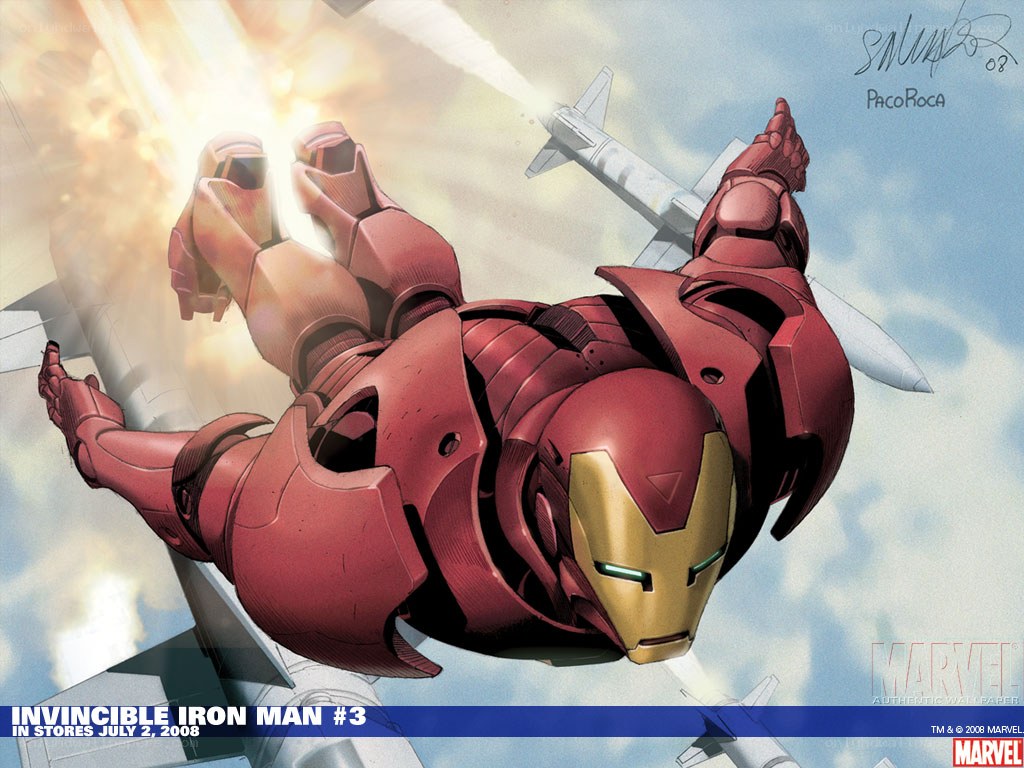 Iron Man in flight with missiles