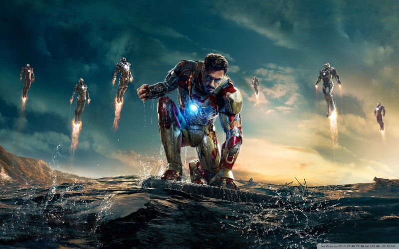 Iron Man in Water — Blue, Dramatic, Sunset, Digital Art, Armored Suit