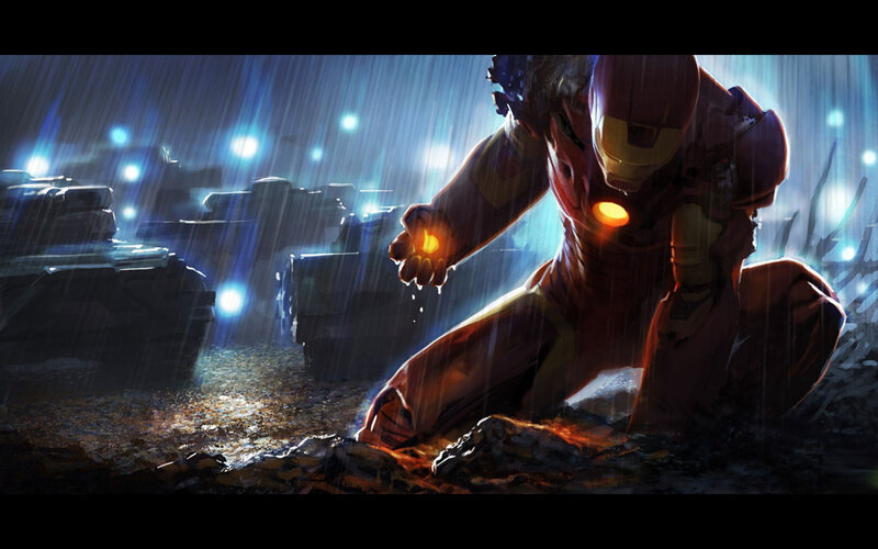 Iron Man Kneeling in Rain — Red, Dramatic