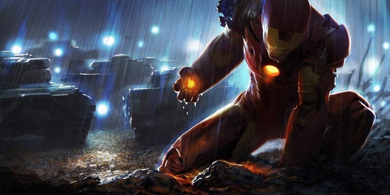 Iron Man Kneeling in Rain — Red