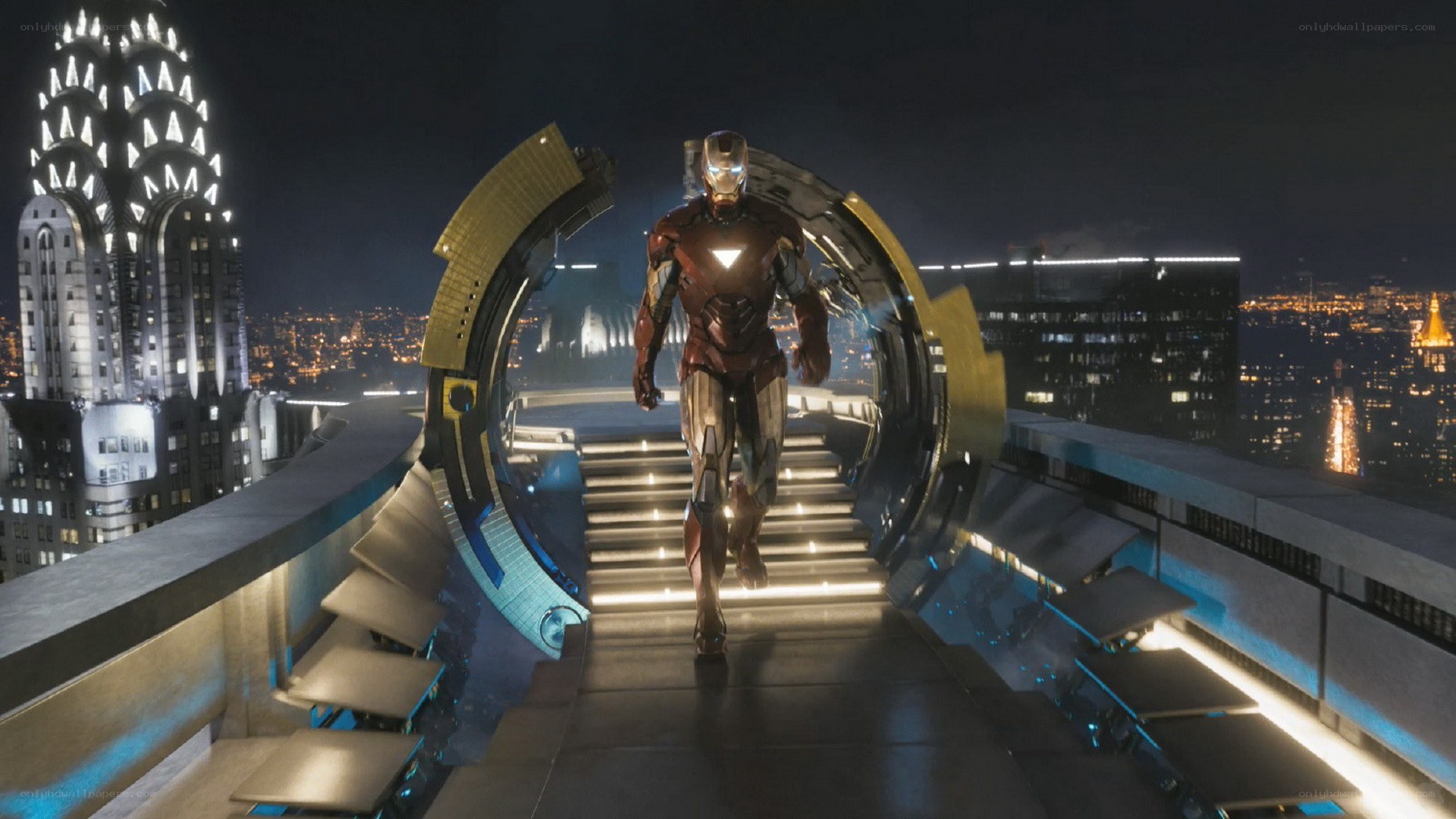 Iron Man on a rooftop at night