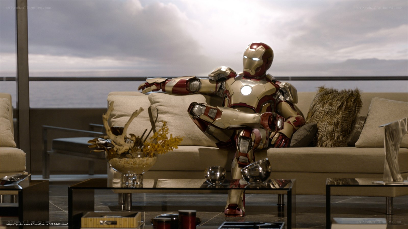 Iron Man relaxing on a sofa