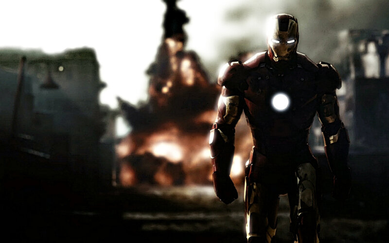 Iron Man stands in a war zone