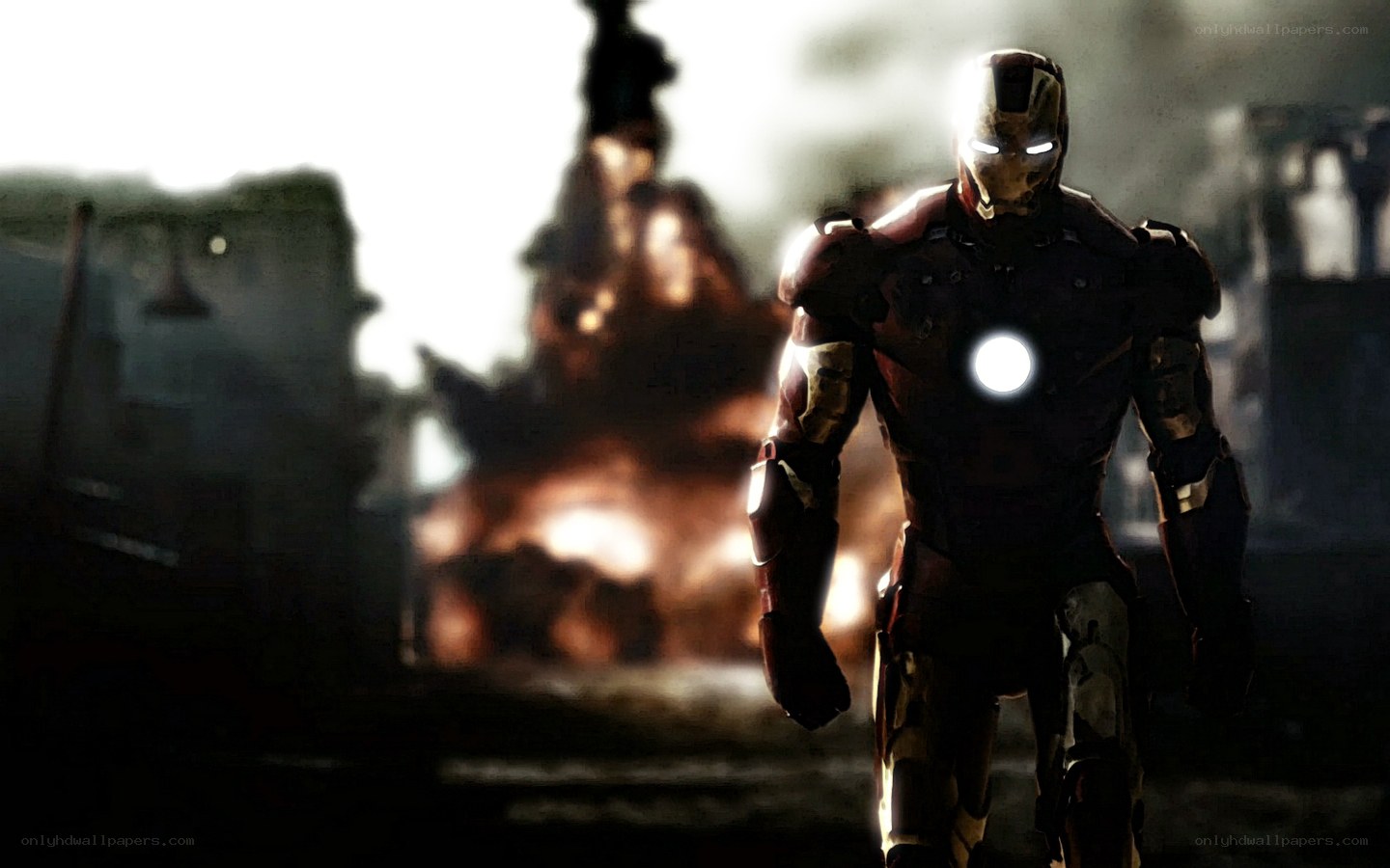 Iron Man stands in a war zone