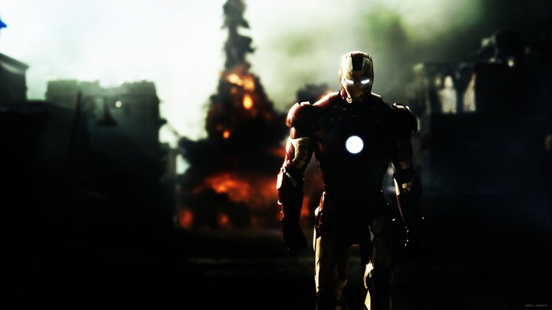 Iron Man Suit — Black, Dramatic, Digital Art, Explosion, Smoke, Ruins