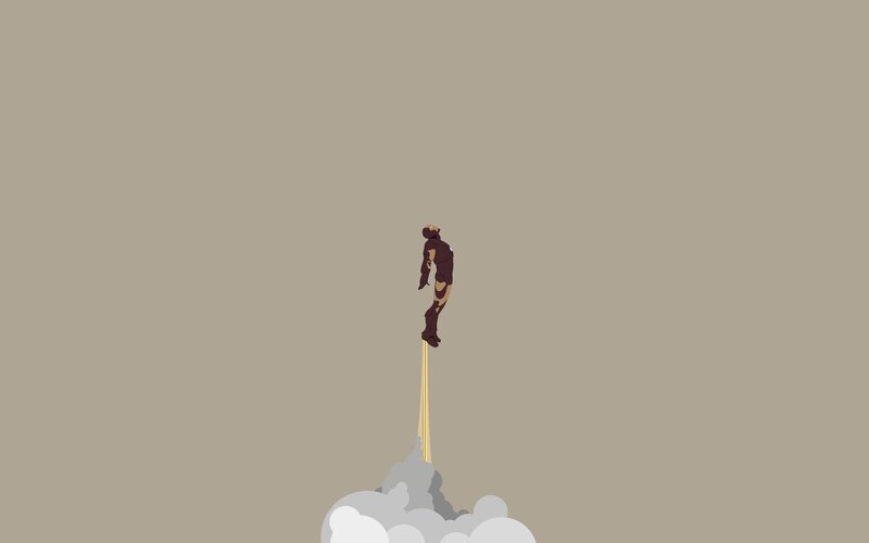 Iron Man Suit — Gray, Dramatic, Minimalist, Rocket Exhaust