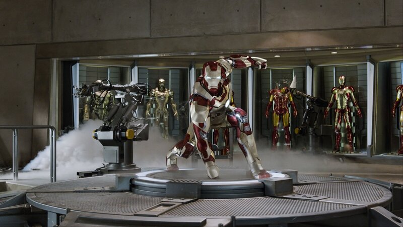 Iron Man Suit on Platform — Red, Dramatic, Photograph, Robotic Arm, Armor Suits