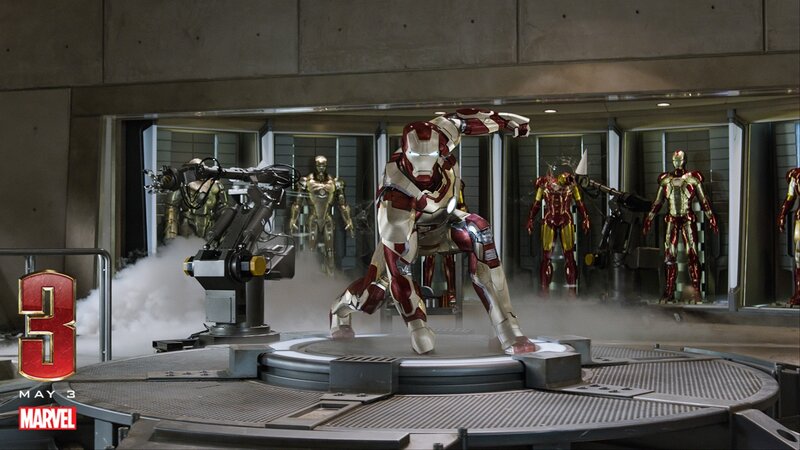 Iron Man Suit on Platform — Red, Dramatic, Photograph, Robotic Arm