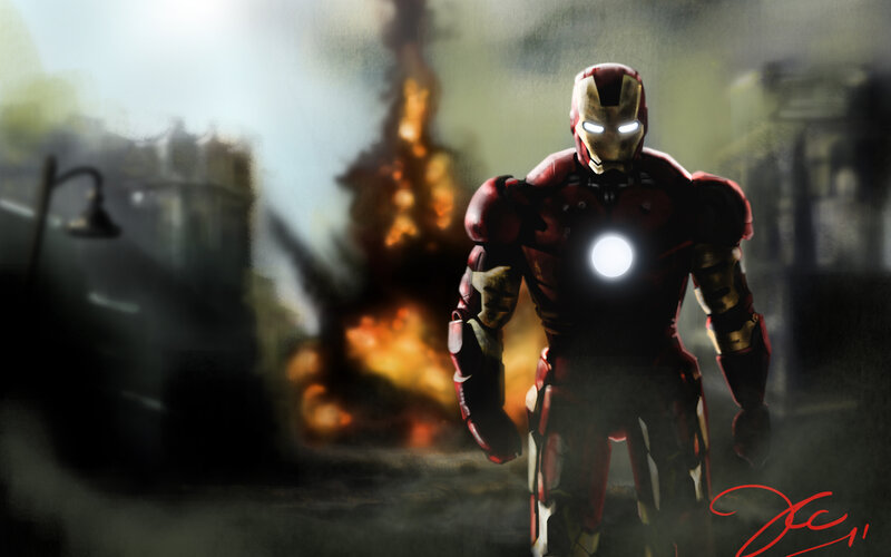Iron Man Suit — Red, Dramatic, Digital Art, Explosion, City