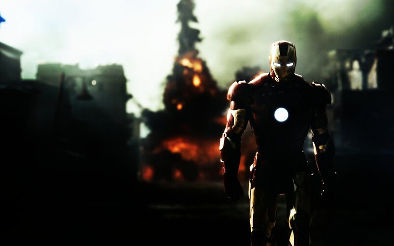 Iron Man Suit — Red, Dramatic, Digital Art, Explosion, Smoke, Ruins